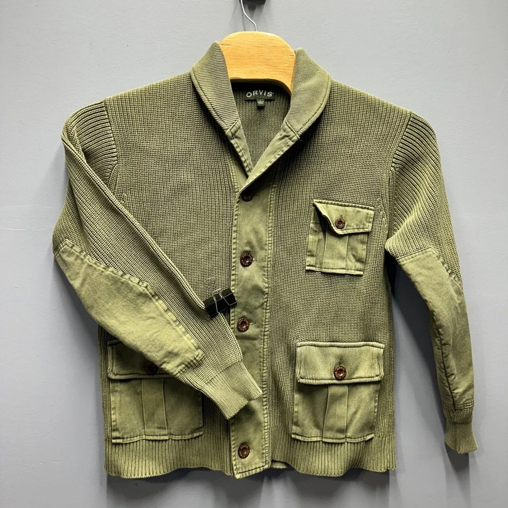 Orvis Mens Olive Green Cotton Waffle Knit Shawl Collar Cardigan Sweater Large